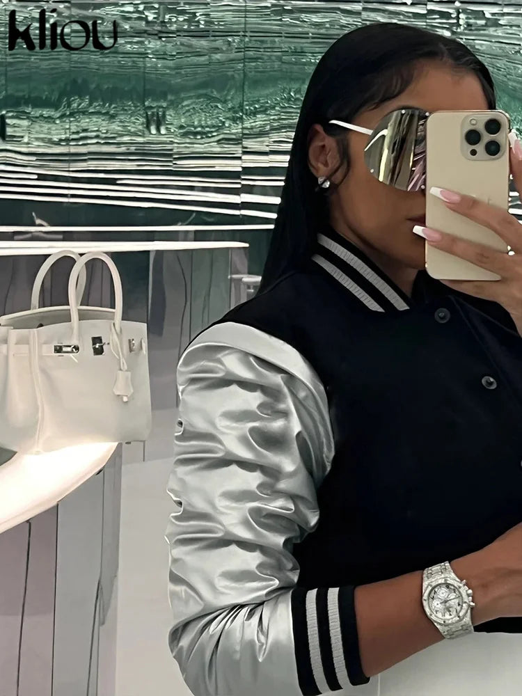 Kliou Letter Patchwork Cropped Jacket – Women’s Casual Streetwear Coat, Long Sleeve, Single Breasted