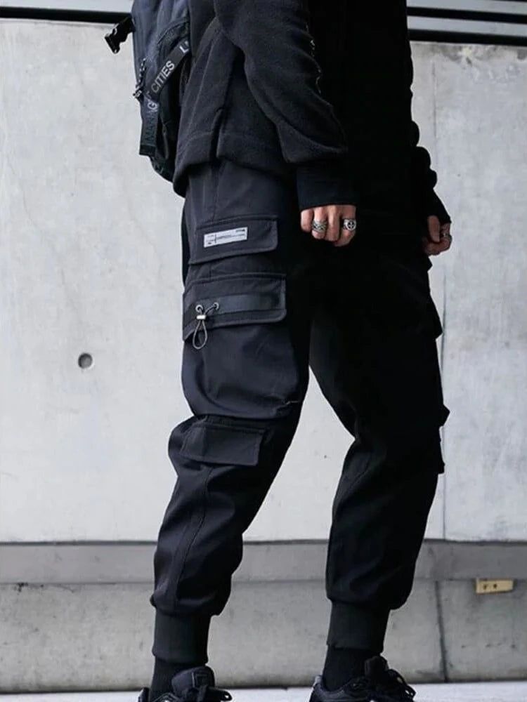 Joggers Cargo Pants for Men Casual Hip Hop Hit Color Pocket Male Trousers Sweatpants Streetwear Ribbons Techwear Pants
