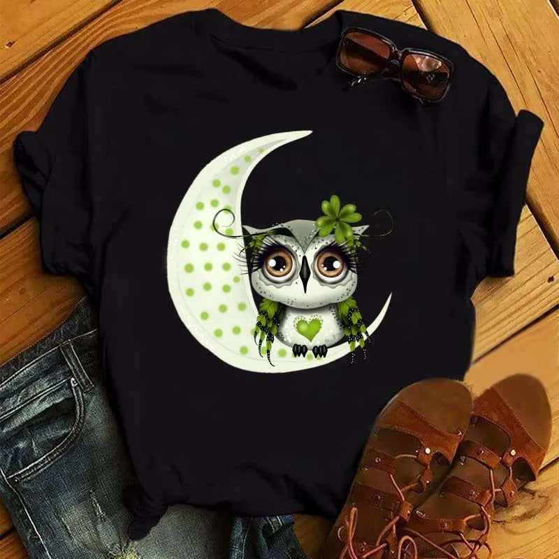Maycaur Cartoon Owl Print T Shirt Women Kawaii Graphic Shirts Casual Short Sleeved Black Female Tee O-neck Harajuku T-shirts