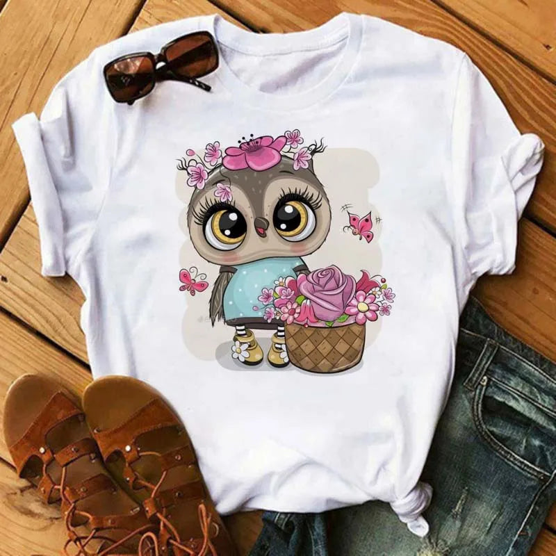 Maycaur Cartoon Owl Print T Shirt Women Kawaii Graphic Shirts Casual Short Sleeved Black Female Tee O-neck Harajuku T-shirts