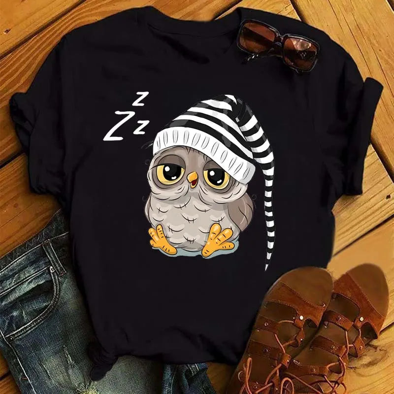 Maycaur Cartoon Owl Print T Shirt Women Kawaii Graphic Shirts Casual Short Sleeved Black Female Tee O-neck Harajuku T-shirts