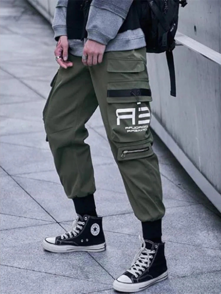 Joggers Cargo Pants for Men Casual Hip Hop Hit Color Pocket Male Trousers Sweatpants Streetwear Ribbons Techwear Pants