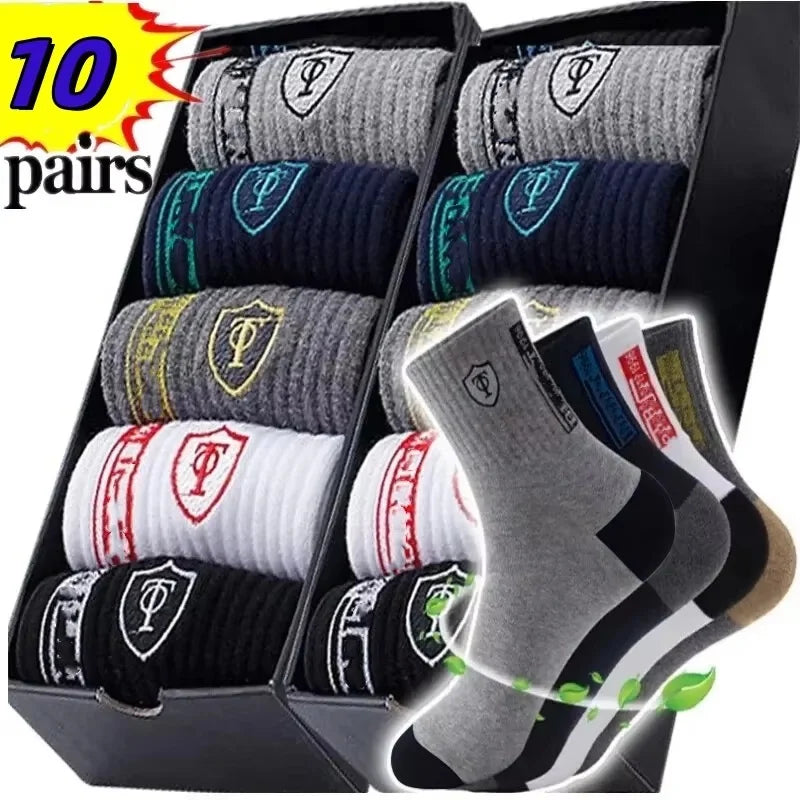 10 Pairs Men’s Breathable Cotton Sports Socks – Bamboo Fiber, Sweat-Absorbing, Deodorant Business Socks