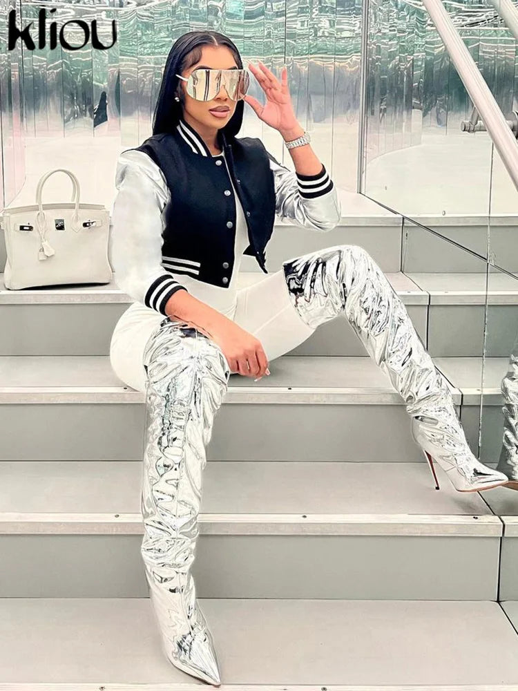 Kliou Letter Patchwork Cropped Jacket – Women’s Casual Streetwear Coat, Long Sleeve, Single Breasted