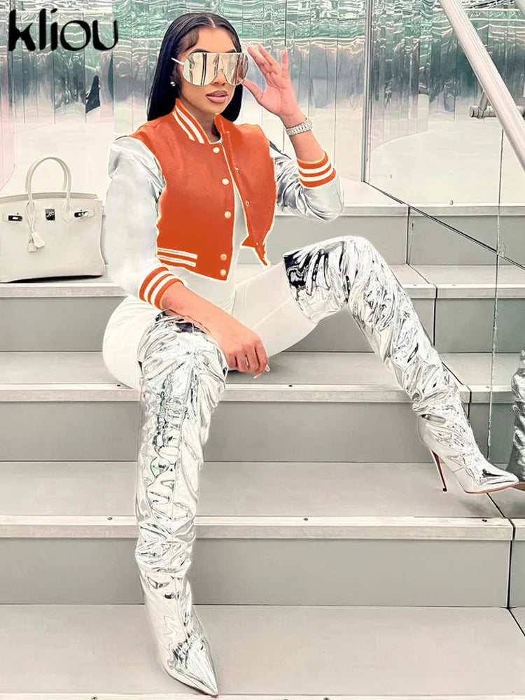 Kliou Letter Patchwork Cropped Jacket – Women’s Casual Streetwear Coat, Long Sleeve, Single Breasted