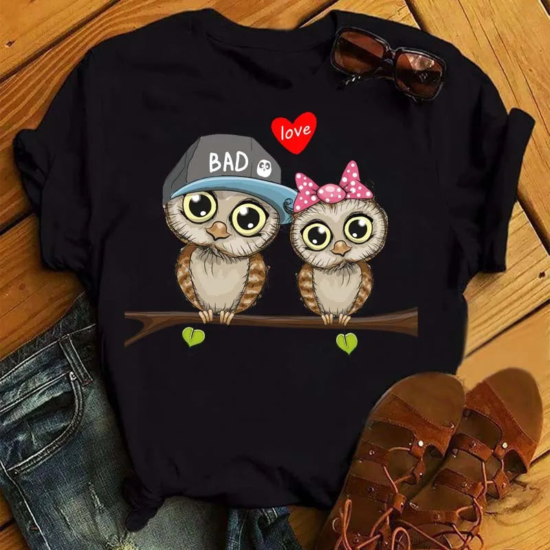 Maycaur Cartoon Owl Print T Shirt Women Kawaii Graphic Shirts Casual Short Sleeved Black Female Tee O-neck Harajuku T-shirts