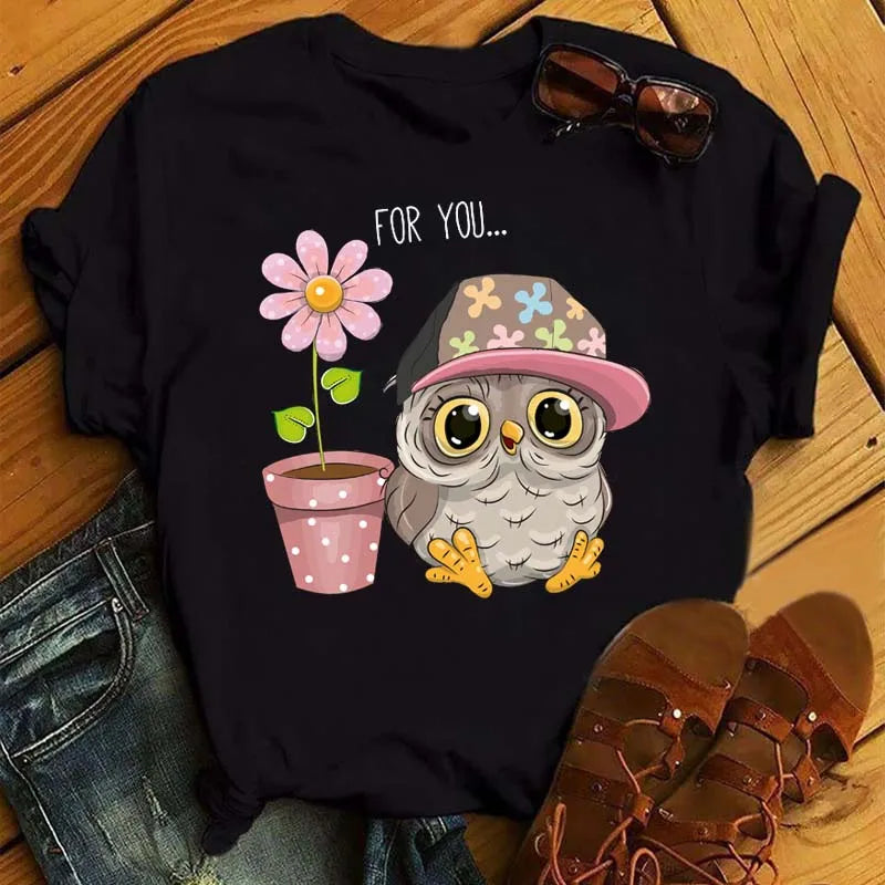 Maycaur Cartoon Owl Print T Shirt Women Kawaii Graphic Shirts Casual Short Sleeved Black Female Tee O-neck Harajuku T-shirts