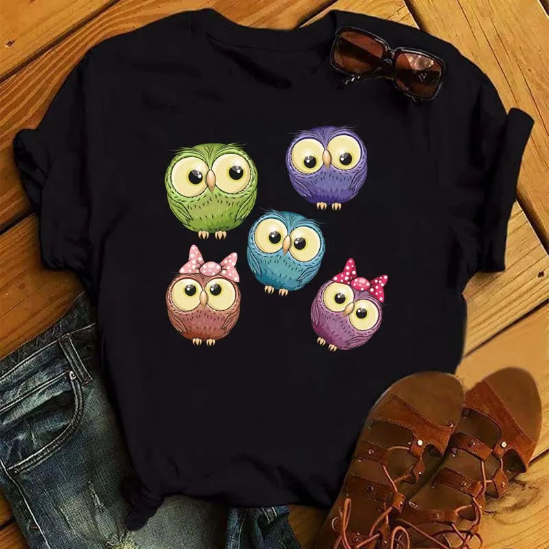 Maycaur Cartoon Owl Print T Shirt Women Kawaii Graphic Shirts Casual Short Sleeved Black Female Tee O-neck Harajuku T-shirts