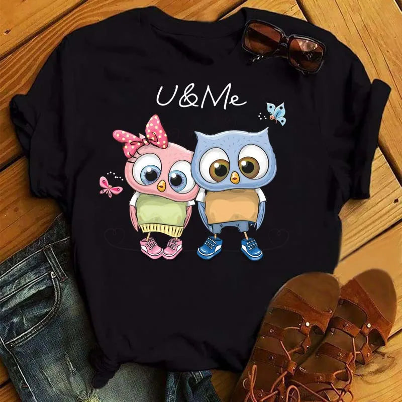Maycaur Cartoon Owl Print T Shirt Women Kawaii Graphic Shirts Casual Short Sleeved Black Female Tee O-neck Harajuku T-shirts