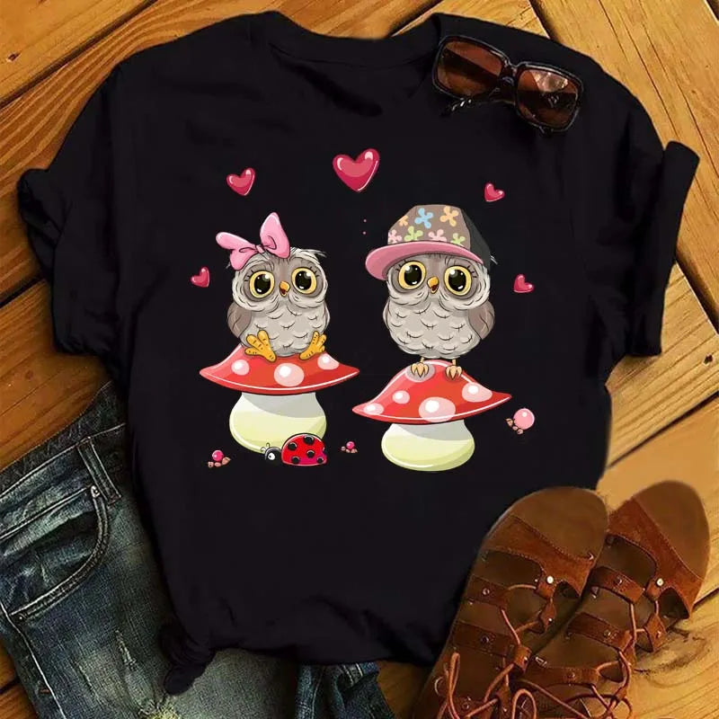 Maycaur Cartoon Owl Print T Shirt Women Kawaii Graphic Shirts Casual Short Sleeved Black Female Tee O-neck Harajuku T-shirts