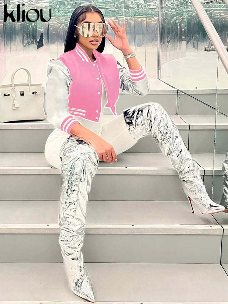 Kliou Letter Patchwork Cropped Jacket – Women’s Casual Streetwear Coat, Long Sleeve, Single Breasted